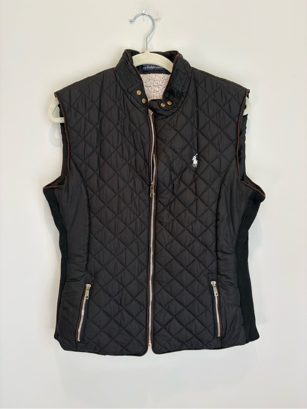Ralph Lauren Black Quilted Sleeveless Vest with Sherpa Collar